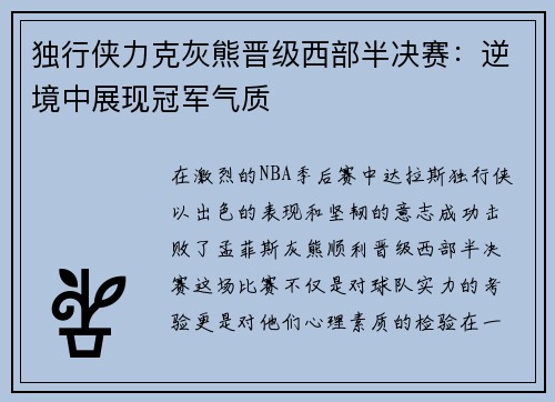 独行侠力克灰熊晋级西部半决赛：逆境中展现冠军气质